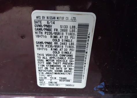 2014 Nissan Murano S/Sl/Sv/Le z USA, uszkodzony, nr VIN JN8AZ1MU6EW421761